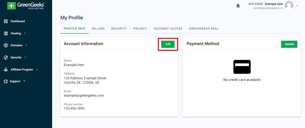 GreenGeeks Dashboard Profile Account Information edit button