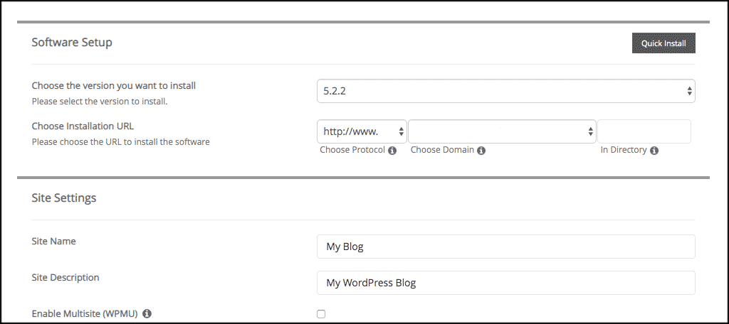 Site settings in wordpress softaculous