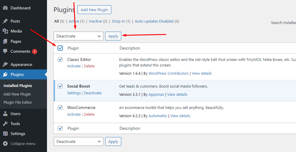 disable all plugins when a wordpress update broke your site